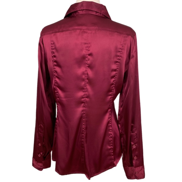 NEW YORK & COMPANY Blouse Shirred Stretch Long Sleeve Wine Medium - Picture 3 of 7